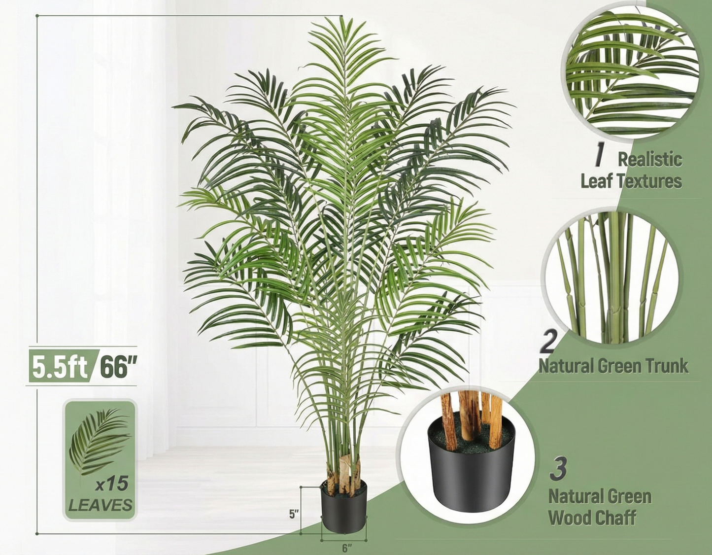 Dekorly Artificial Palm Tree 5.5ft Tall Fake Palm Tree Indoor Decor with 15 Trunks and Real Bark Design Faux Tropical Areca Palm Silk Floor Plant in Pot for Home Office Living Room Bedroom Decor 1pcs