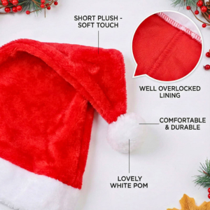Dekorly Christmas Santa Hats – Soft Plush Red & White Holiday Hat with Pom Pom, Comfortable Fit for Parties, Photos & Festive Events