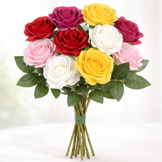 Dekorly 10pcs Fake Roses Artificial Silk Flowers Faux Rose Flower Long Stems Bouquet for Arrangement Wedding Centerpiece Party Home Kitchen Decor