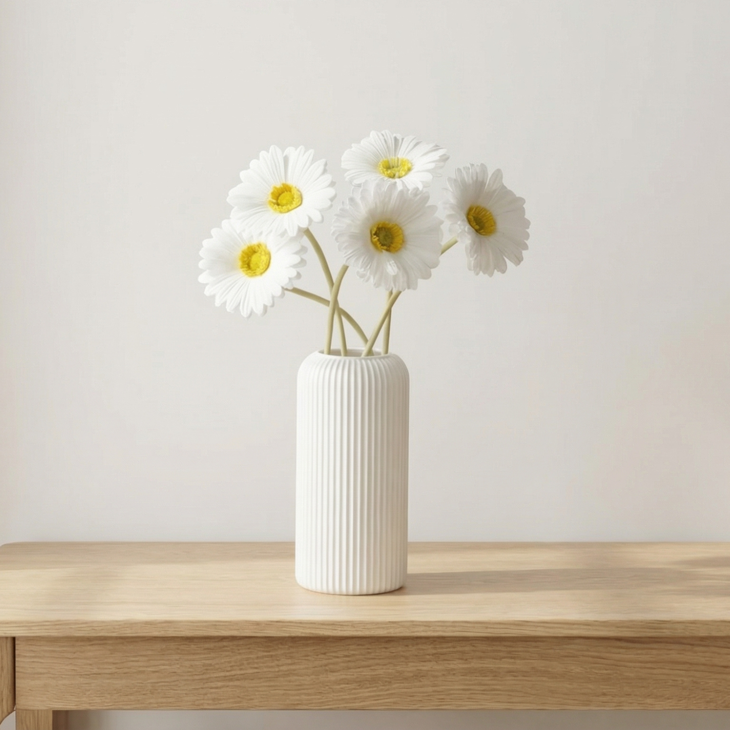 Dekorly Artificial Gerbera Flower Arrangement with White Ribbed Vase | 5 Flower Sticks | 45 cm Tall Decorative Vase (30 cm Vase Height) for Home, Office, Living Room & Table Décor