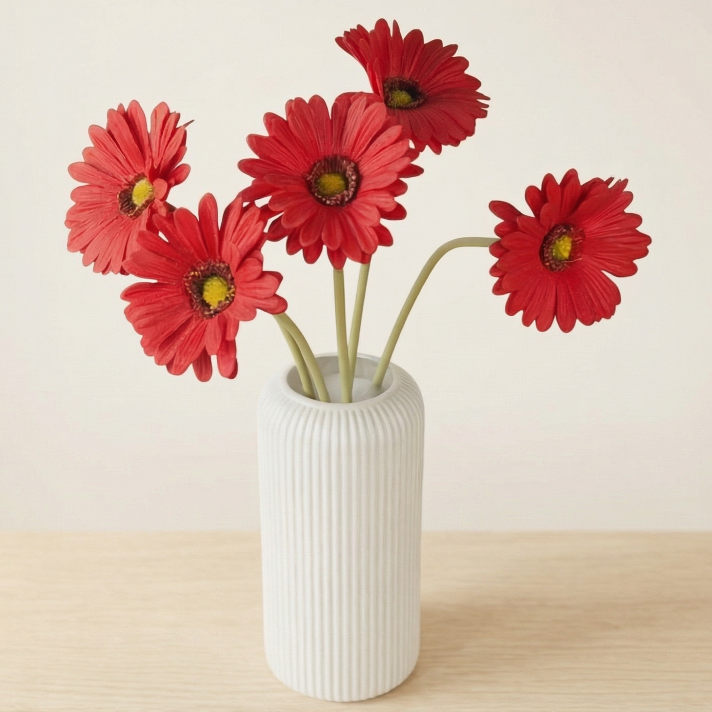 Dekorly Artificial Gerbera Flower Arrangement with White Ribbed Vase | 5 Flower Sticks | 45 cm Tall Decorative Vase (30 cm Vase Height) for Home, Office, Living Room & Table Décor