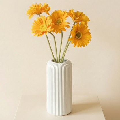 Dekorly Artificial Gerbera Flower Arrangement with White Ribbed Vase | 5 Flower Sticks | 45 cm Tall Decorative Vase (30 cm Vase Height) for Home, Office, Living Room & Table Décor