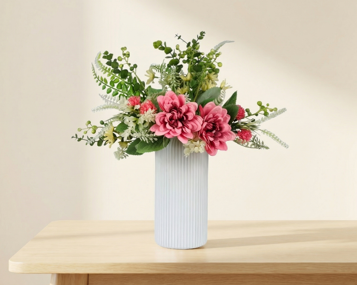 Dekorly Artificial Chrysanthemum Flower Plant – 40 cm Realistic Faux Floral Arrangement with White Plastic Pot for Home, Living Room & Office Table Decor, Elegant Gift Item