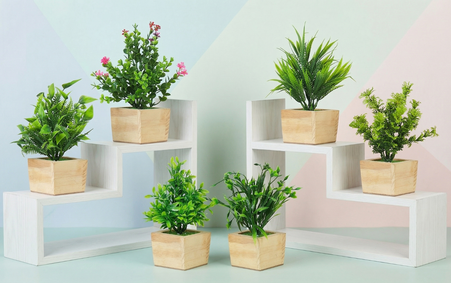 Dekorly Artificial Green Plants Pack of 4 with Wooden Pots | 20 cm Decorative Indoor Tabletop & Shelf Plants for Home, Office & Living Room