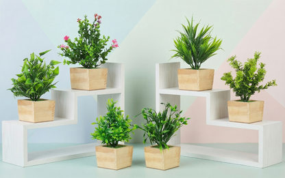 Dekorly Artificial Green Plants Pack of 4 with Wooden Pots | 20 cm Decorative Indoor Tabletop & Shelf Plants for Home, Office & Living Room