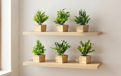 Dekorly Artificial Green Plants Pack of 4 with Wooden Pots | 20 cm Decorative Indoor Tabletop & Shelf Plants for Home, Office & Living Room