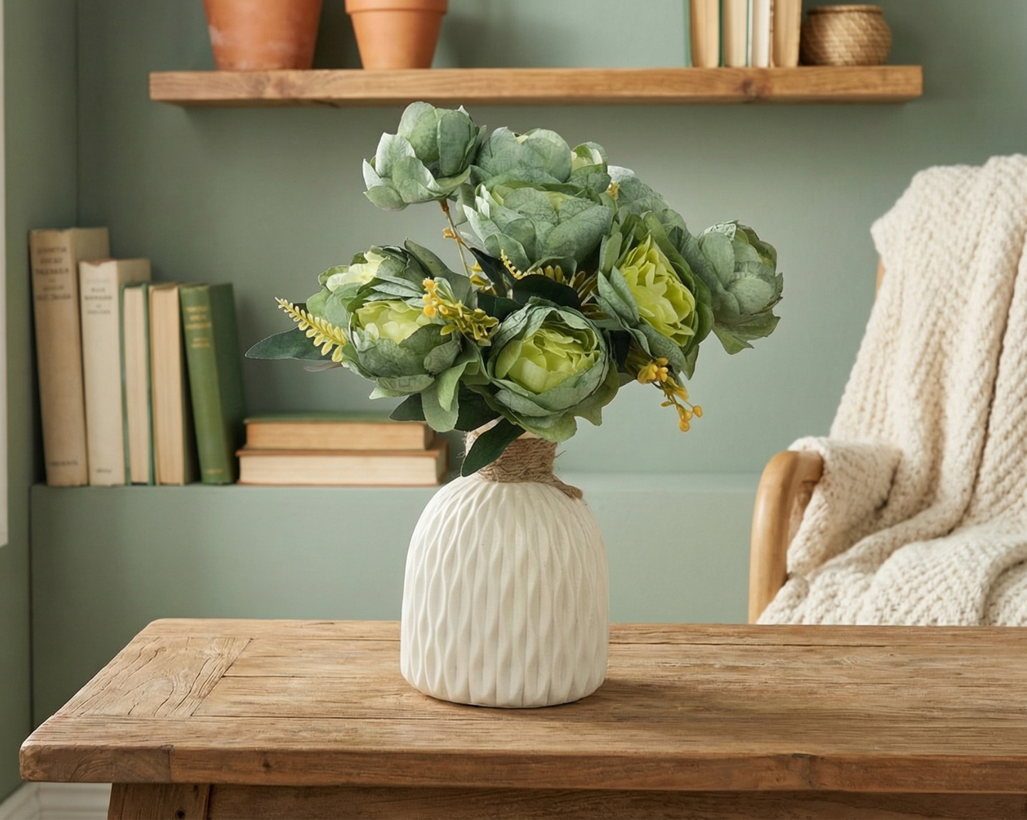 Dekorly Artificial Peony Flower Arrangement with WhiteVase | Premium Faux Floral Tabletop Decor for Home, Office & Living Room | 30 cm