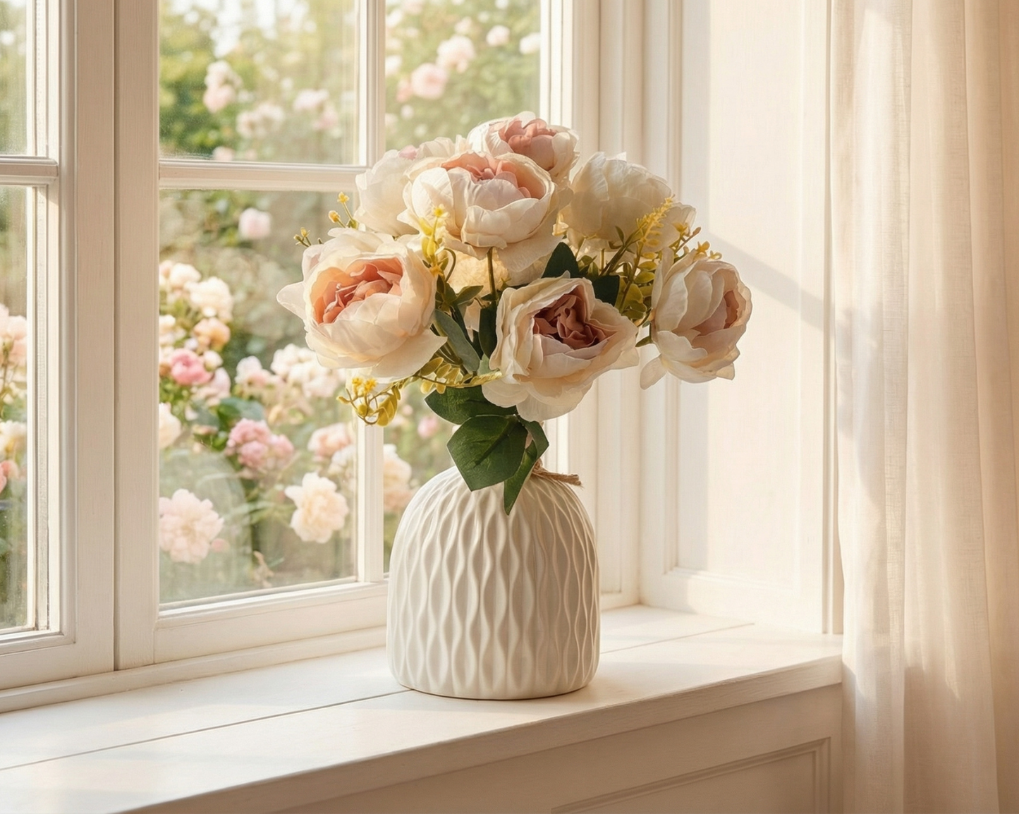 Dekorly Artificial Peony Flower Arrangement with WhiteVase | Premium Faux Floral Tabletop Decor for Home, Office & Living Room | 30 cm
