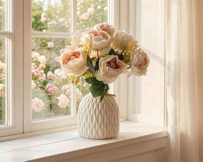 Dekorly Artificial Peony Flower Arrangement with WhiteVase | Premium Faux Floral Tabletop Decor for Home, Office & Living Room | 30 cm