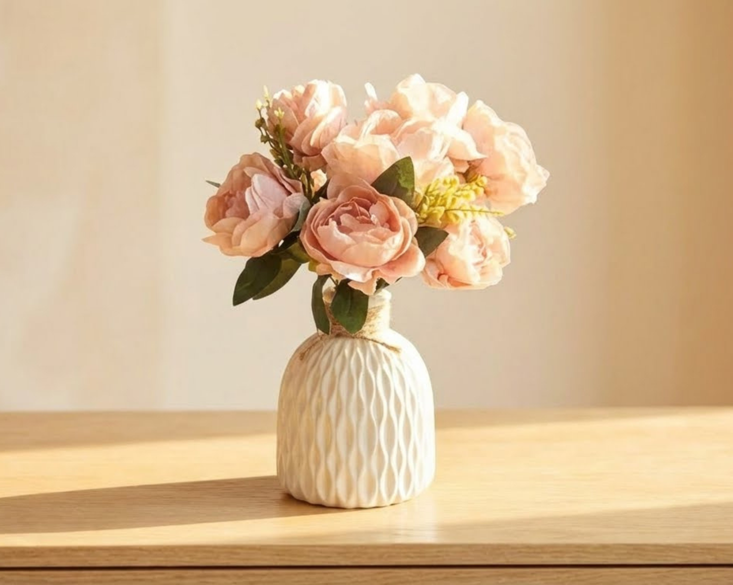 Dekorly Artificial Peony Flower Arrangement with WhiteVase | Premium Faux Floral Tabletop Decor for Home, Office & Living Room | 30 cm