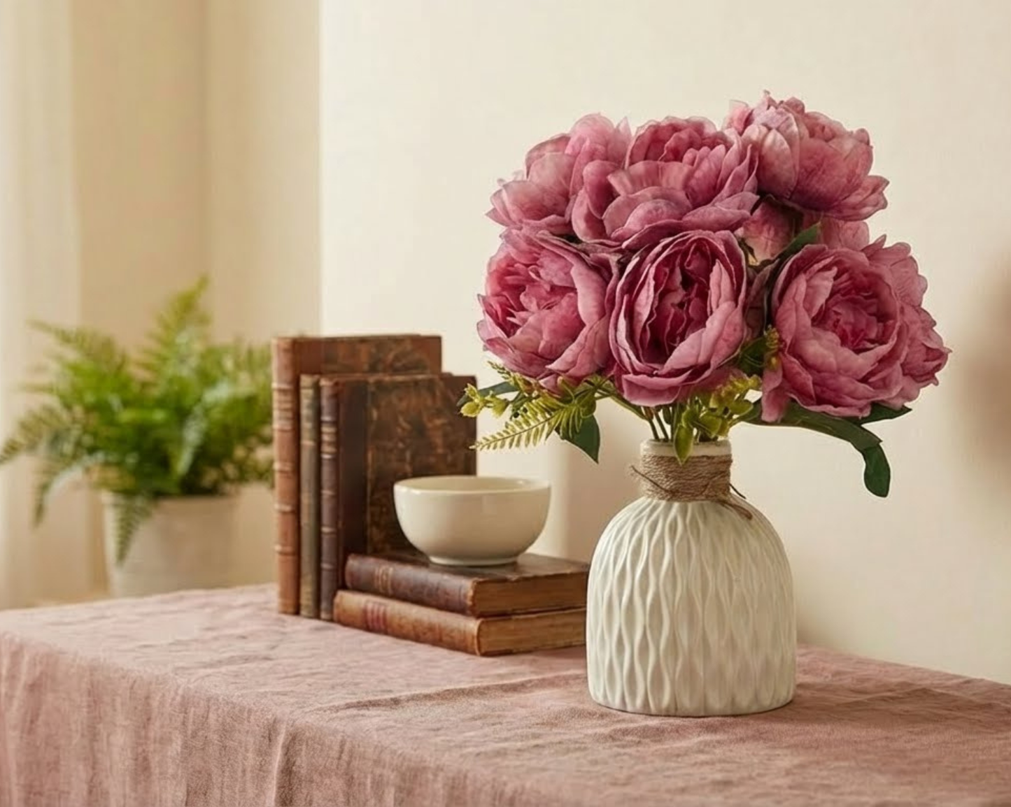 Dekorly Artificial Peony Flower Arrangement with WhiteVase | Premium Faux Floral Tabletop Decor for Home, Office & Living Room | 30 cm
