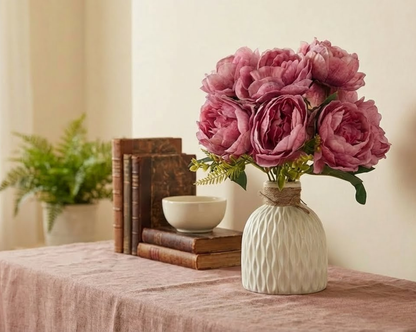 Dekorly Artificial Peony Flower Arrangement with WhiteVase | Premium Faux Floral Tabletop Decor for Home, Office & Living Room | 30 cm