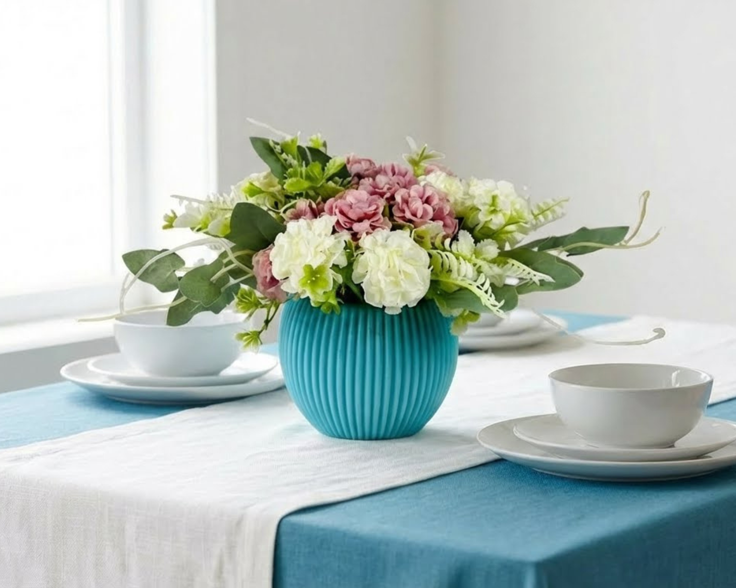 Dekorly Artificial Hydrangea Flowers | Premium Faux Flower Bunch for Home, Office & Table Décor | Realistic Look | 20 cm Height | Free Vase