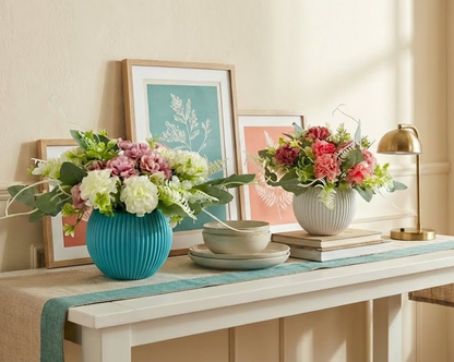 Dekorly Artificial Hydrangea Flowers | Premium Faux Flower Bunch for Home, Office & Table Décor | Realistic Look | 20 cm Height | Free Vase