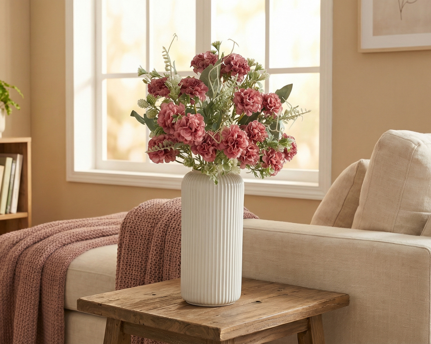 Dekorly Artificial Carnation Flower Arrangement for Home Décor | Premium Floral Bunch in Vase | Table, Shelf & Living Room Decoration | 40 cm