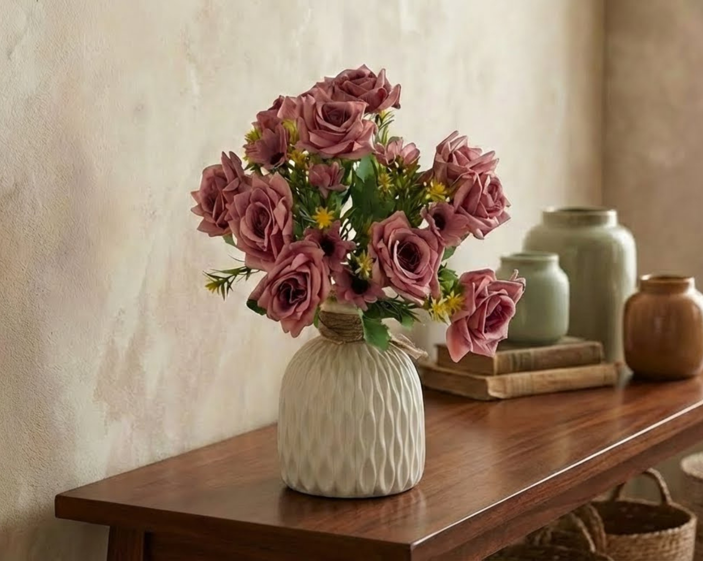 Dekorly Real Touch Artificial Rose Arrangement (30cm) – Modern Home Décor