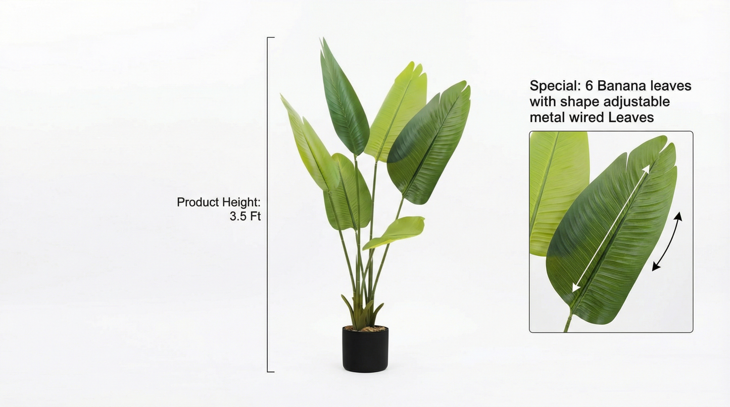 Dekorly 1 Pc 3'5 ft Artificial Banana Leaf Plant with Pot for Home Decor| Balcony | Garden| Bedroom| Living Room| Wedding Decoration (6 Leaves)