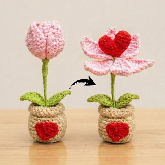 Dekorly Two in One Tulip to Red Heart Convertible Crochet Flower with Pot 6.5 Inch Handmade Knitted Transforming Flower Plant Cute Table Top Home Office Desk Decor Romantic Valentine Gift
