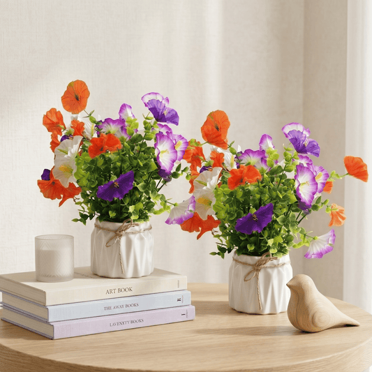 Dekorly Lifelike Artificial Eucalyptus Vine with Morning Glory Flowers with White Vase Arrangement for Home & Office Décor (Set of 1) (Morning Glory Flowers)