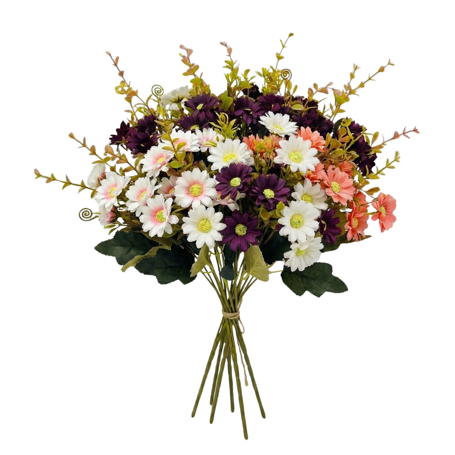 Bouquet of artificial flowers with white, pink, and purple colors on a white background