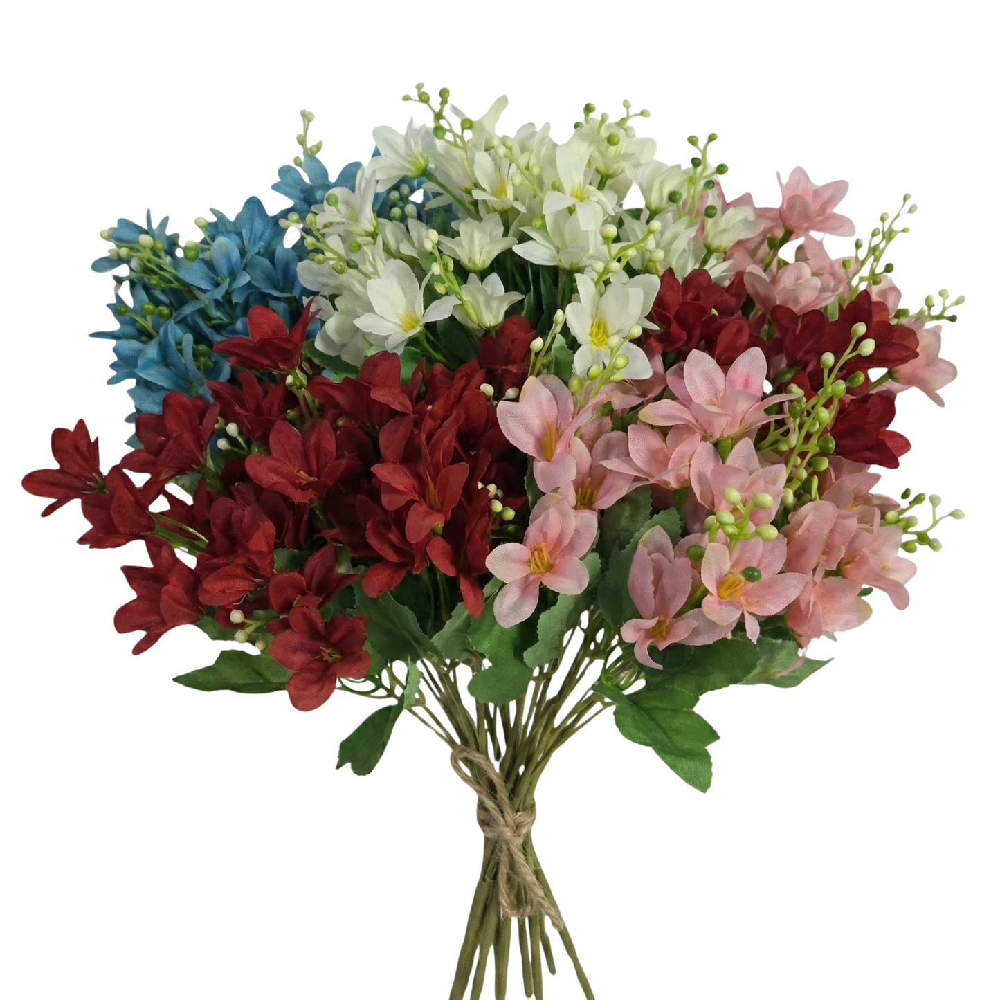 Bouquet of artificial flowers in red, pink, blue, and white on a white background