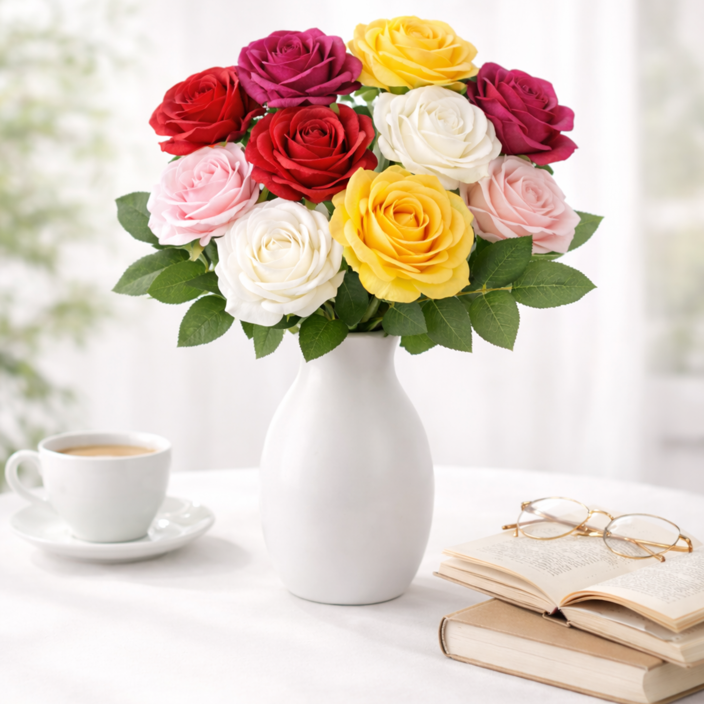 Dekorly 10pcs Fake Roses Artificial Silk Flowers Faux Rose Flower Long Stems Bouquet for Arrangement Wedding Centerpiece Party Home Kitchen Decor