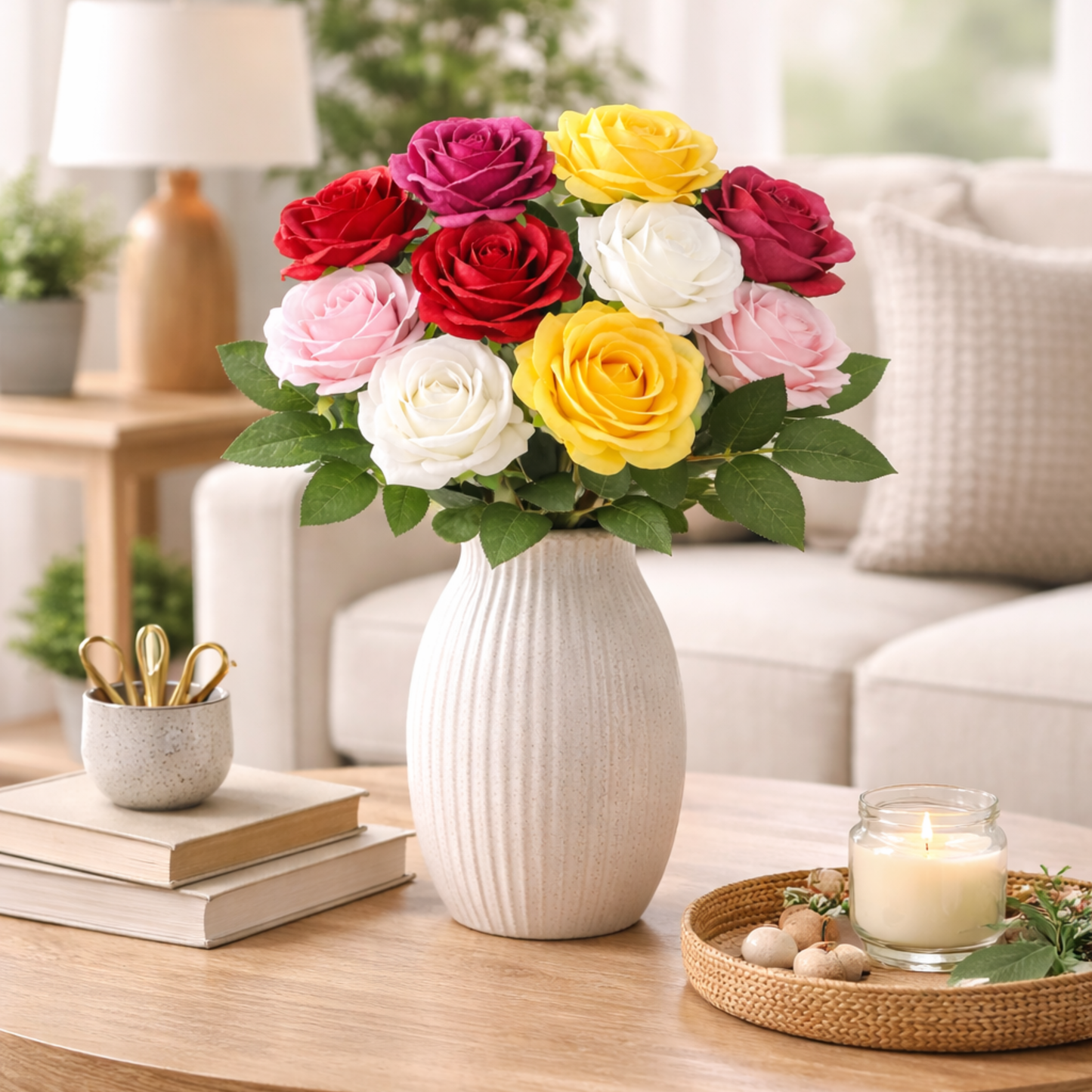 Dekorly 10pcs Fake Roses Artificial Silk Flowers Faux Rose Flower Long Stems Bouquet for Arrangement Wedding Centerpiece Party Home Kitchen Decor