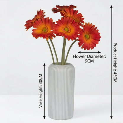 Dekorly Artificial Gerbera Flower Arrangement with White Ribbed Vase | 5 Flower Sticks | 45 cm Tall Decorative Vase (30 cm Vase Height) for Home, Office, Living Room & Table Décor