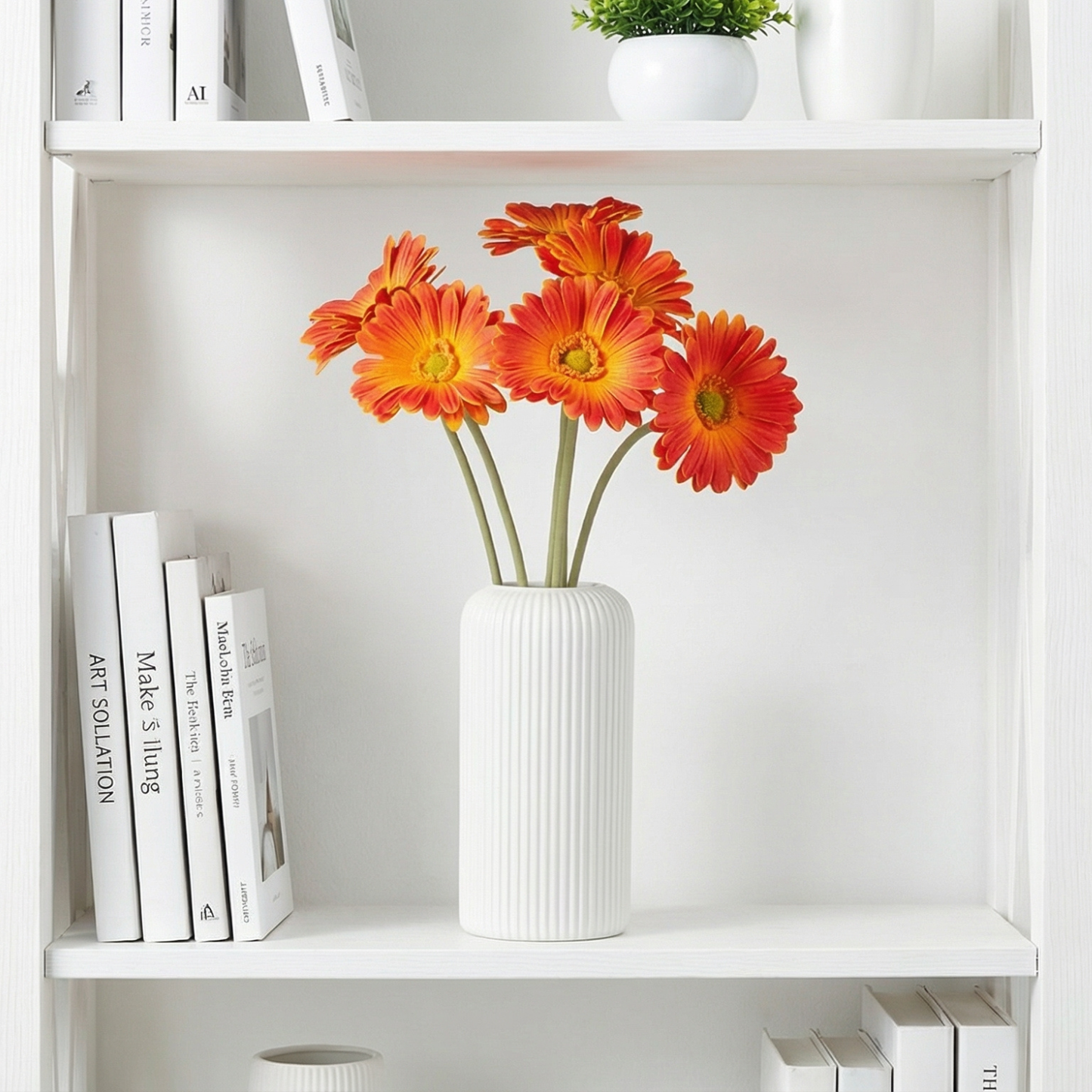 Dekorly Artificial Gerbera Flower Arrangement with White Ribbed Vase | 5 Flower Sticks | 45 cm Tall Decorative Vase (30 cm Vase Height) for Home, Office, Living Room & Table Décor