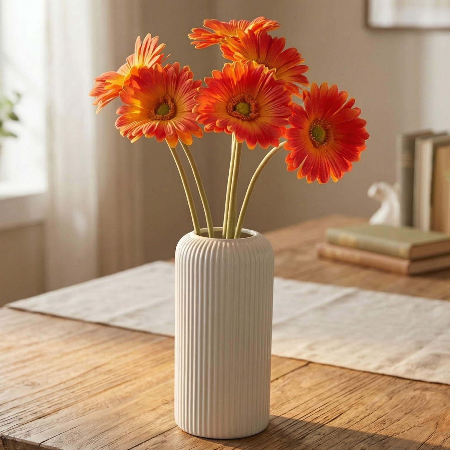 Dekorly Artificial Gerbera Flower Arrangement with White Ribbed Vase | 5 Flower Sticks | 45 cm Tall Decorative Vase (30 cm Vase Height) for Home, Office, Living Room & Table Décor