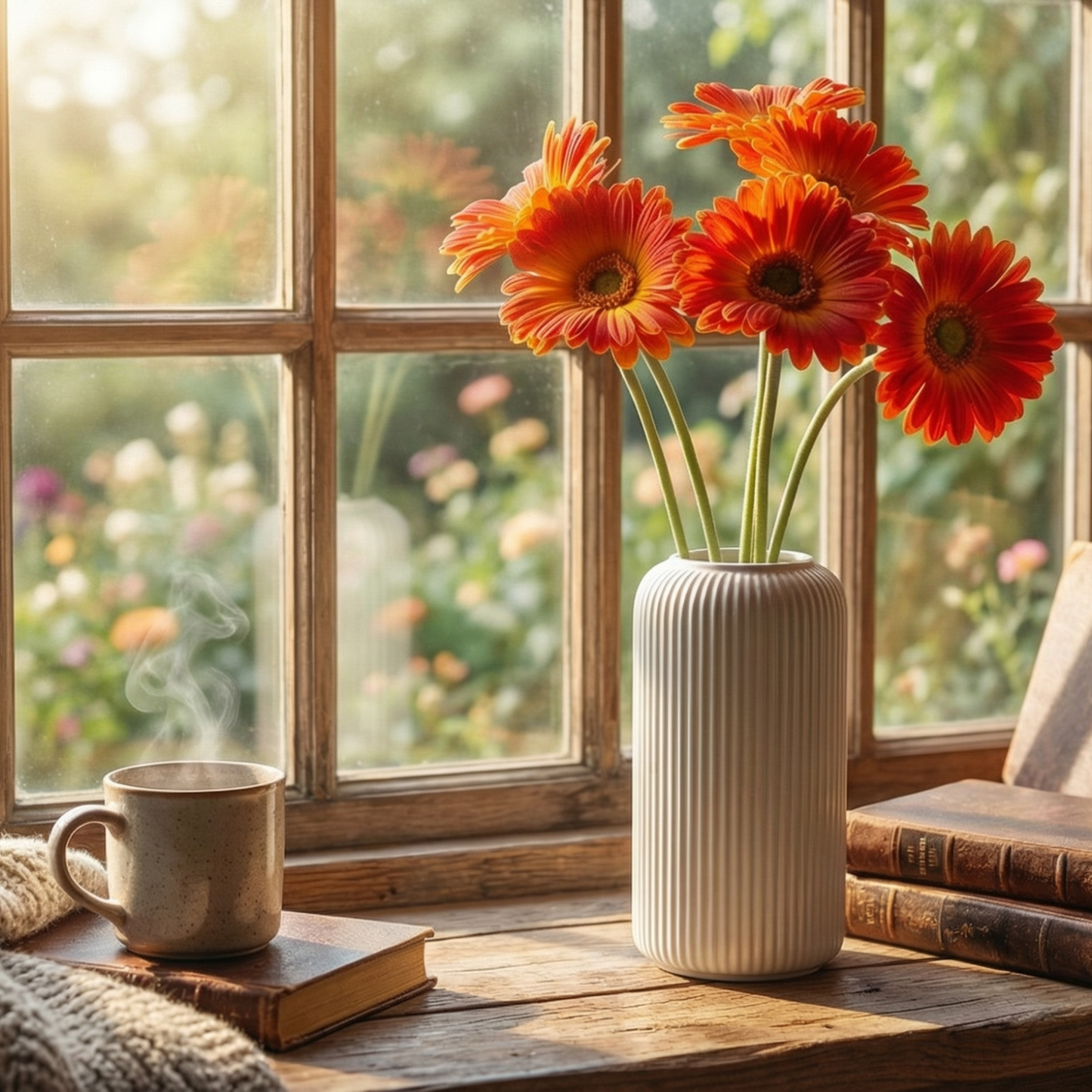 Dekorly Artificial Gerbera Flower Arrangement with White Ribbed Vase | 5 Flower Sticks | 45 cm Tall Decorative Vase (30 cm Vase Height) for Home, Office, Living Room & Table Décor