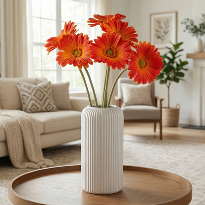 Dekorly Artificial Gerbera Flower Arrangement with White Ribbed Vase | 5 Flower Sticks | 45 cm Tall Decorative Vase (30 cm Vase Height) for Home, Office, Living Room & Table Décor