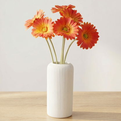 Dekorly Artificial Gerbera Flower Arrangement with White Ribbed Vase | 5 Flower Sticks | 45 cm Tall Decorative Vase (30 cm Vase Height) for Home, Office, Living Room & Table Décor