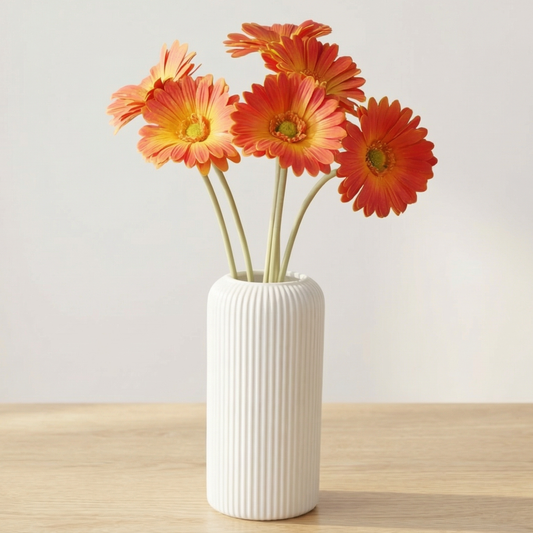 Dekorly Artificial Gerbera Flower Arrangement with White Ribbed Vase | 5 Flower Sticks | 45 cm Tall Decorative Vase (30 cm Vase Height) for Home, Office, Living Room & Table Décor