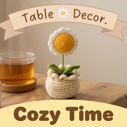Dekorly Handmade Crochet White Daisy Flower Pot Décor – Yarn Floral Tabletop Showpiece for Home, Office & Gift Use (6 Inch Height)