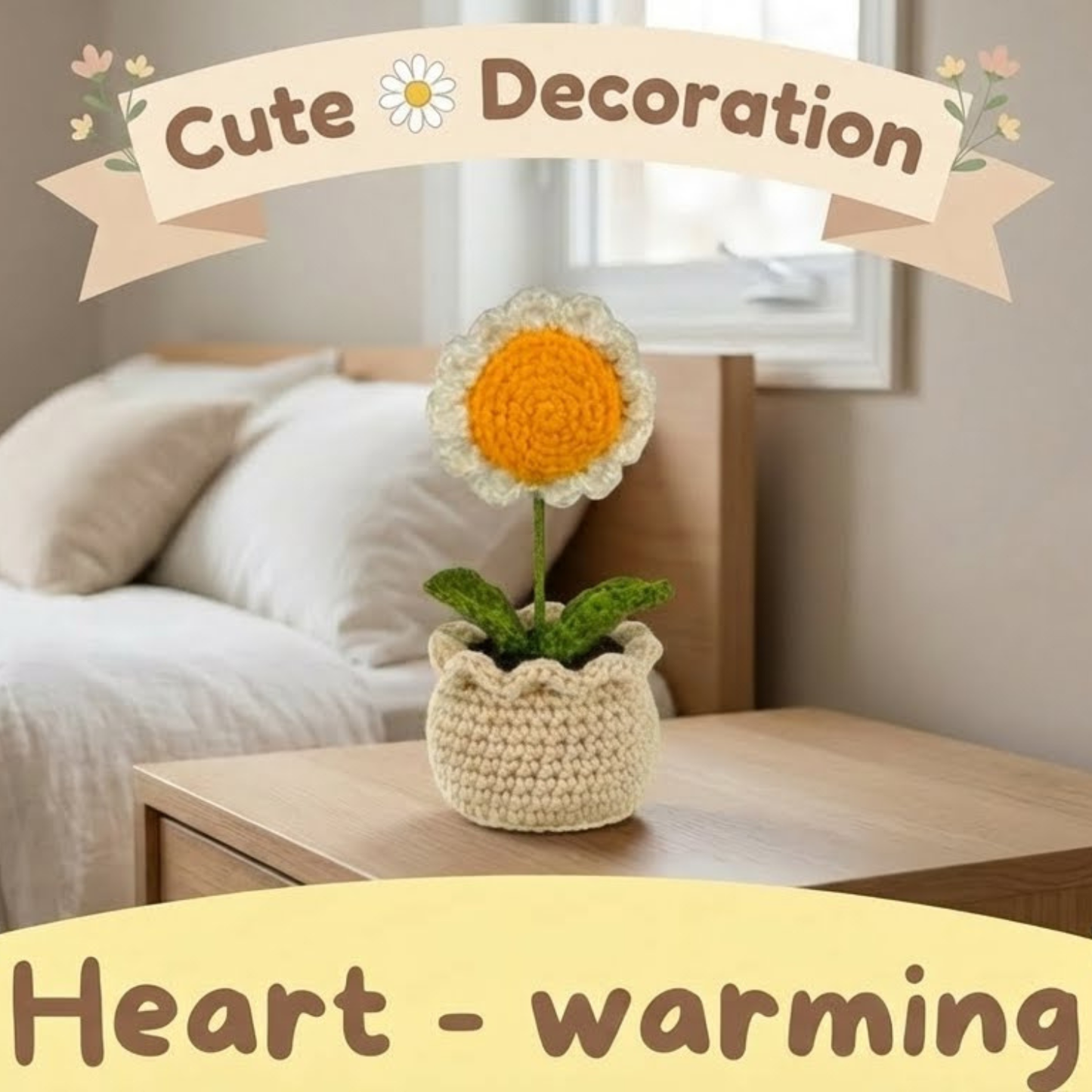 Dekorly Handmade Crochet White Daisy Flower Pot Décor – Yarn Floral Tabletop Showpiece for Home, Office & Gift Use (6 Inch Height)