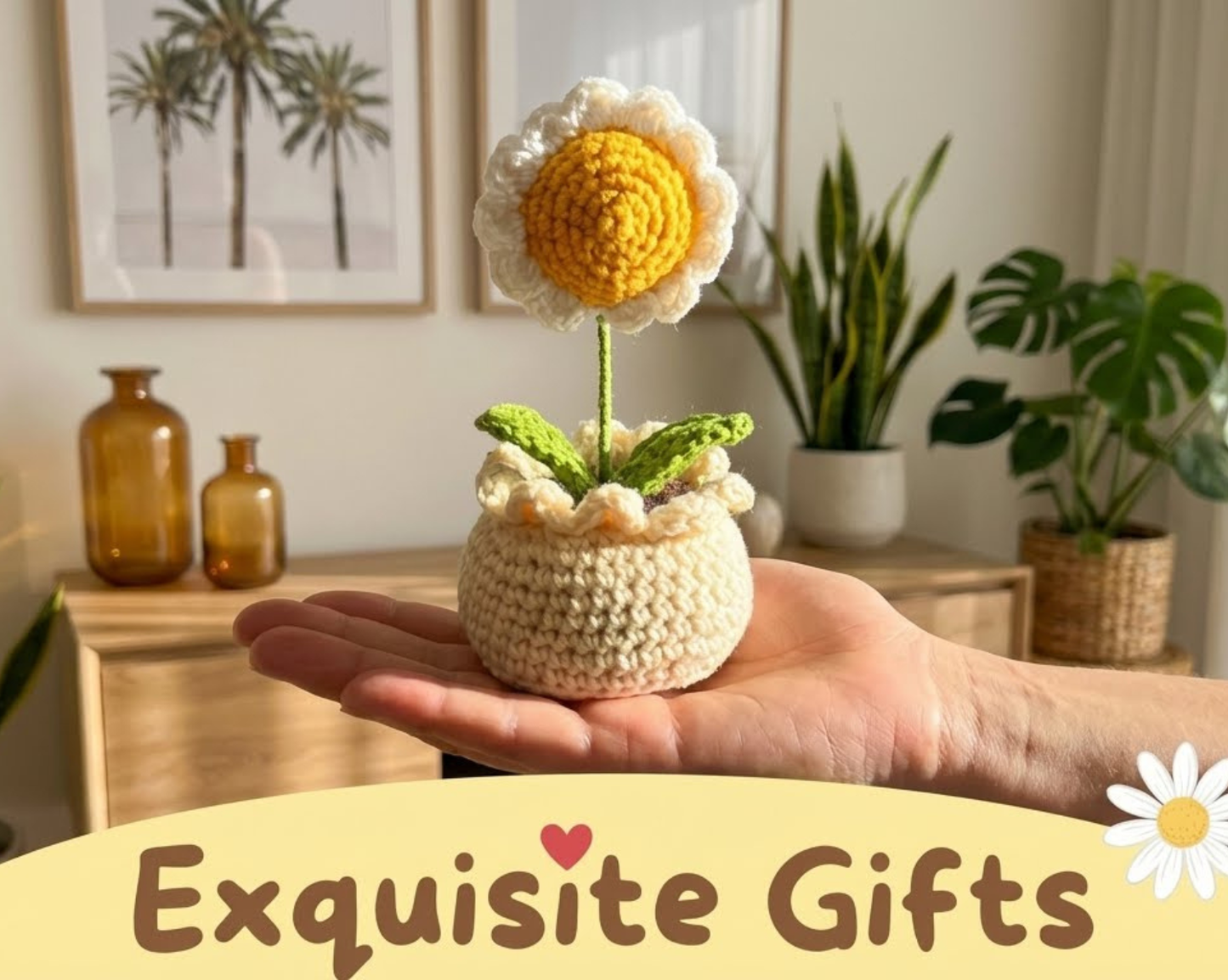 Dekorly Handmade Crochet White Daisy Flower Pot Décor – Yarn Floral Tabletop Showpiece for Home, Office & Gift Use (6 Inch Height)