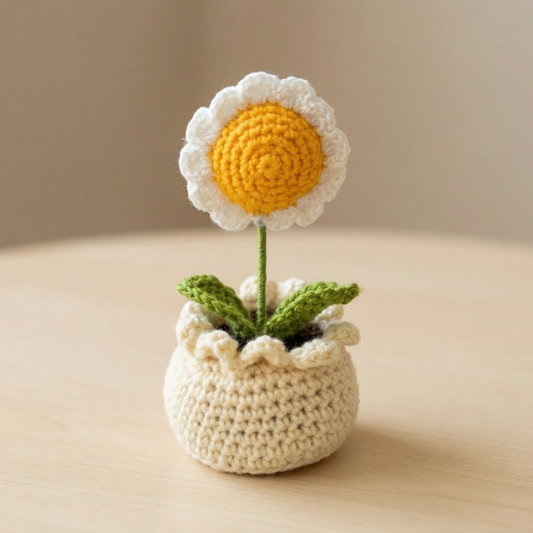 Dekorly Handmade Crochet White Daisy Flower Pot Décor – Yarn Floral Tabletop Showpiece for Home, Office & Gift Use (6 Inch Height)