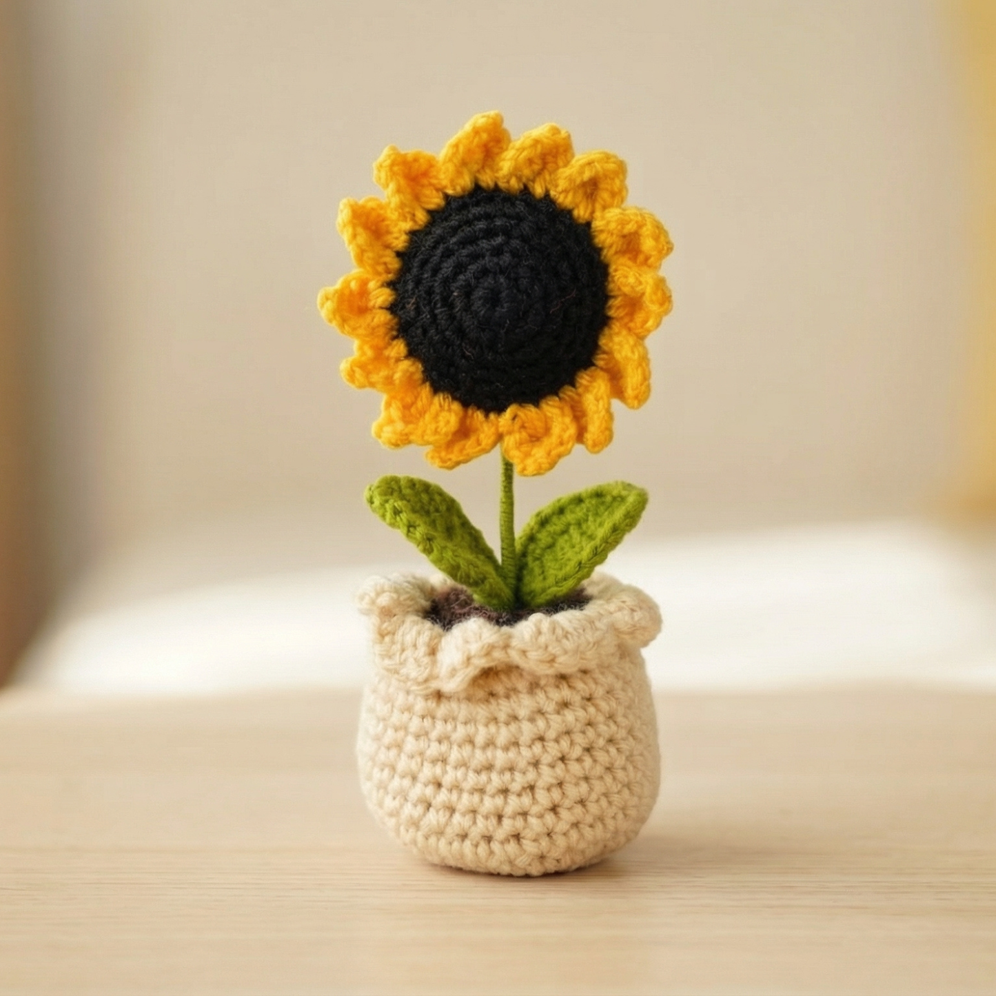 Dekorly Handmade Crochet Sunflower Pot Décor – Yarn Floral Tabletop Showpiece for Home, Office & Gift Use (6 Inch Height)