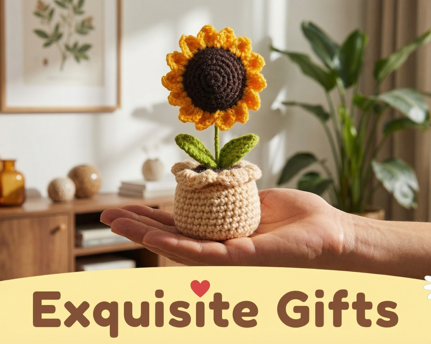 Dekorly Handmade Crochet Sunflower Pot Décor – Yarn Floral Tabletop Showpiece for Home, Office & Gift Use (6 Inch Height)