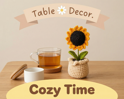 Dekorly Handmade Crochet Sunflower Pot Décor – Yarn Floral Tabletop Showpiece for Home, Office & Gift Use (6 Inch Height)