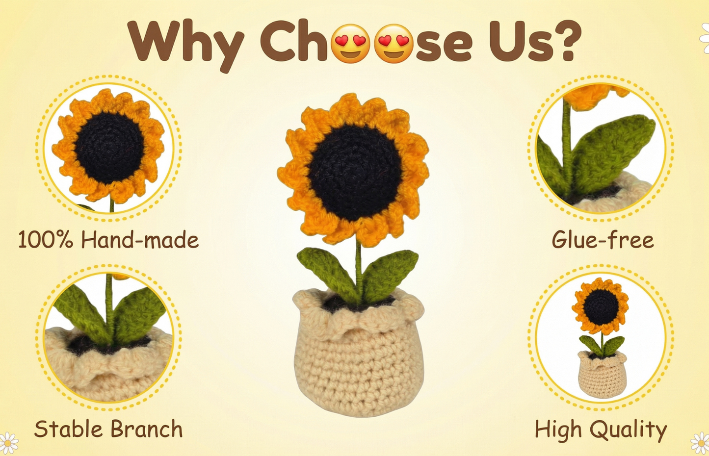 Dekorly Handmade Crochet Sunflower Pot Décor – Yarn Floral Tabletop Showpiece for Home, Office & Gift Use (6 Inch Height)