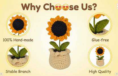 Dekorly Handmade Crochet Sunflower Pot Décor – Yarn Floral Tabletop Showpiece for Home, Office & Gift Use (6 Inch Height)