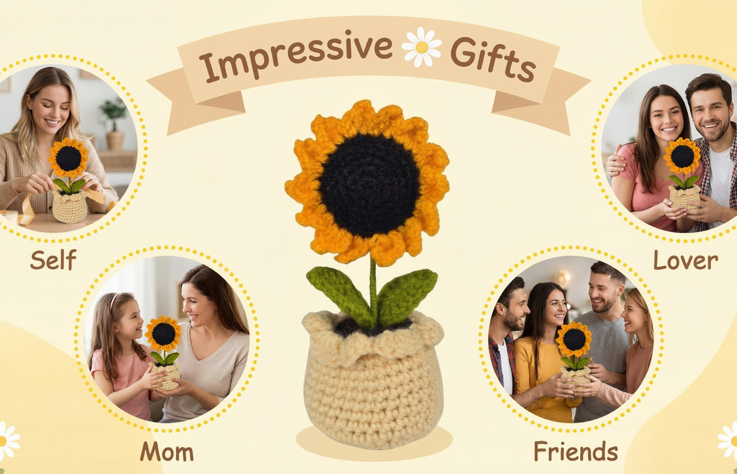 Dekorly Handmade Crochet Sunflower Pot Décor – Yarn Floral Tabletop Showpiece for Home, Office & Gift Use (6 Inch Height)