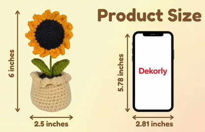 Dekorly Handmade Crochet Sunflower Pot Décor – Yarn Floral Tabletop Showpiece for Home, Office & Gift Use (6 Inch Height)