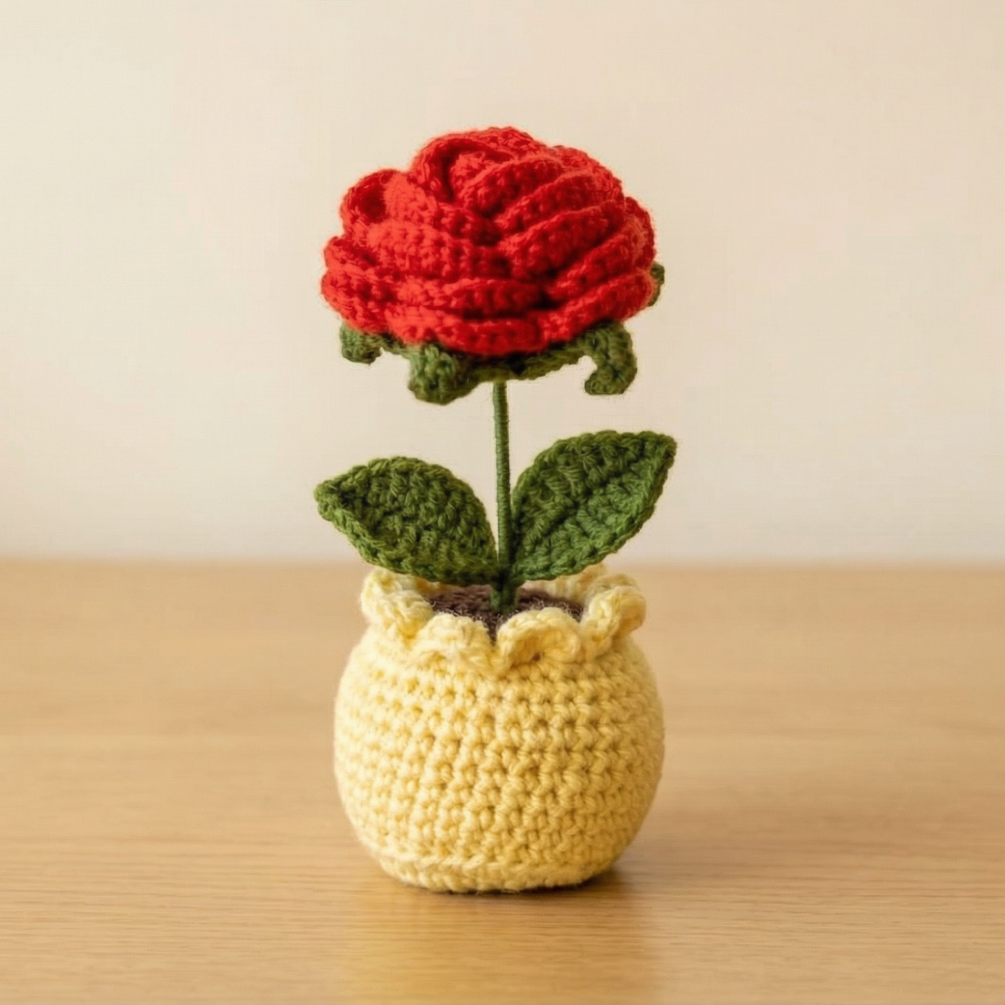 Dekorly Handmade Crochet Red Rose Flower Pot Décor – Yarn Floral Tabletop Showpiece for Home, Office & Gift Use (6 Inch Height)