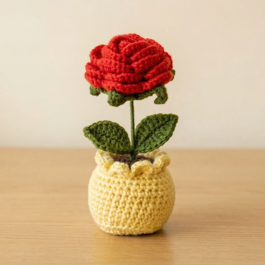 Dekorly Handmade Crochet Red Rose Flower Pot Décor – Yarn Floral Tabletop Showpiece for Home, Office & Gift Use (6 Inch Height)