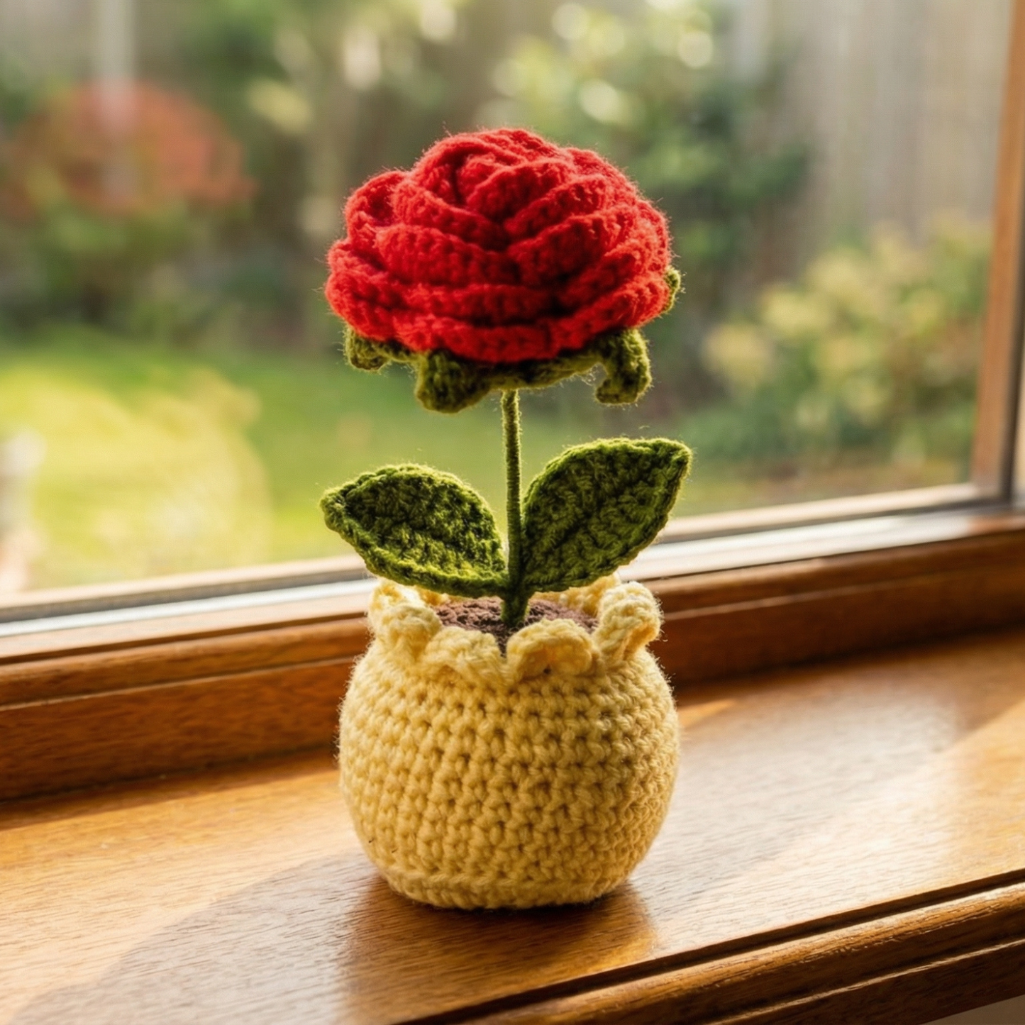 Dekorly Handmade Crochet Red Rose Flower Pot Décor – Yarn Floral Tabletop Showpiece for Home, Office & Gift Use (6 Inch Height)