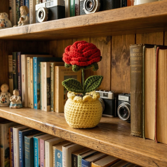 Dekorly Handmade Crochet Red Rose Flower Pot Décor – Yarn Floral Tabletop Showpiece for Home, Office & Gift Use (6 Inch Height)