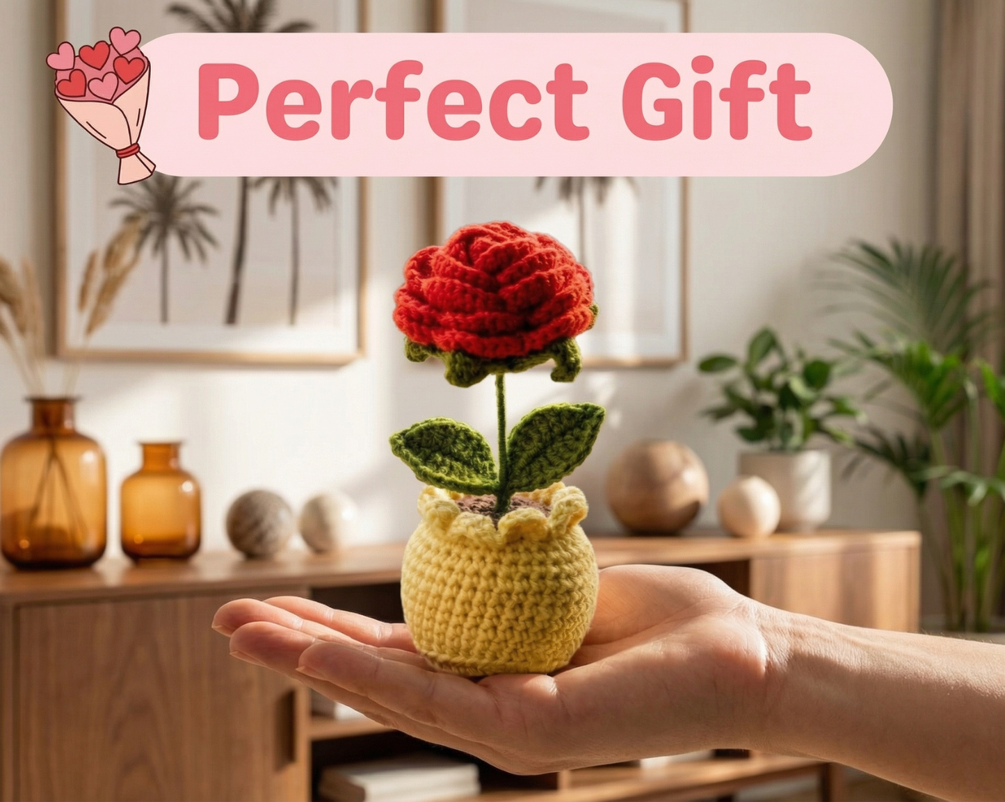 Dekorly Handmade Crochet Red Rose Flower Pot Décor – Yarn Floral Tabletop Showpiece for Home, Office & Gift Use (6 Inch Height)